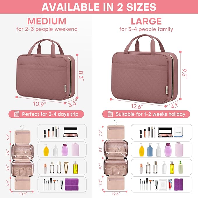 HXLGMD Travel Size Toiletry Bag for Women, Portable Cosmetic Bag with Hanging Hook, Travel Essentials Water-resistant Makeup Organizer for Accessories, Shampoo, Full-size Container, Toiletries