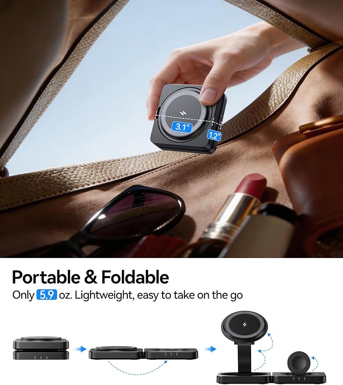 Wireless Charger for iPhone, 3-in-1 Magnetic Charging Station for Apple Device, MagSafe Charger Stand for iPhone 17 16 15 14 13 12 Series, Apple Watch Ultra, Airpods Pro, Foldable, Black
