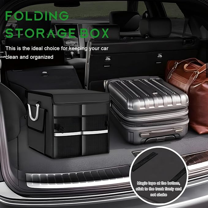 Trunk Organizer with Lid, 28L Collapsible 2-Compartment Car Storage Box with Reinforced Handles, Multipurpose Waterproof Oxford Storage Organizer for SUVs Sedans Trucks (Black)