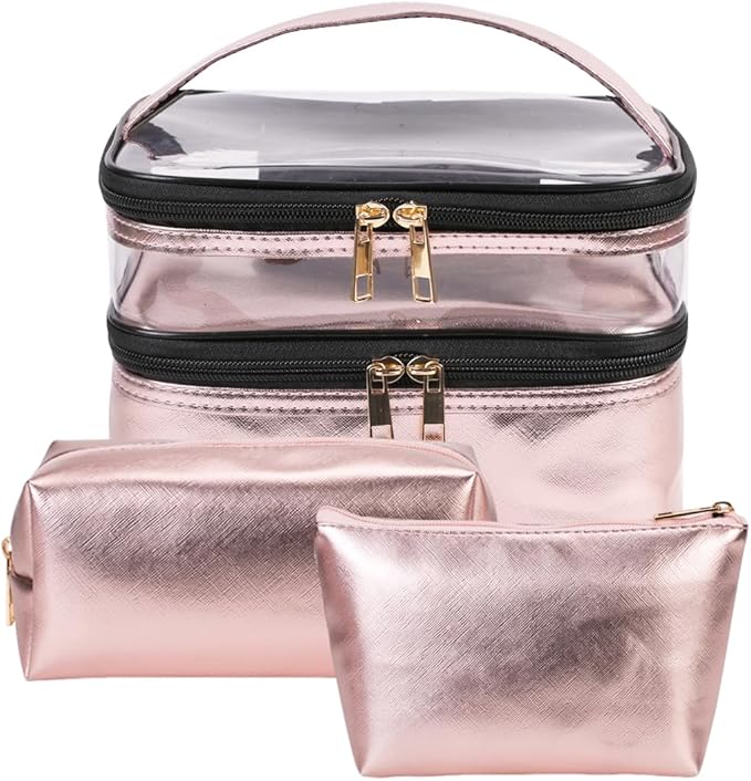 FITINI 3 Pieces Makeup Bags Double Layer Travel Large Cosmetic Cases Organizer Toiletry Bags Waterproof Small Zipper Pouch for Women Makeup Brush Storage Bag,Pink