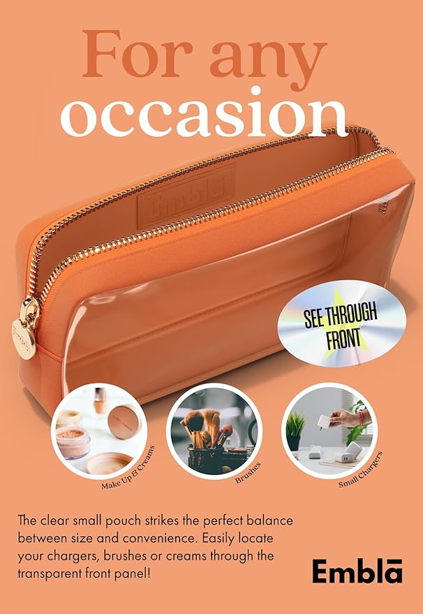 Embla Medium Clear Makeup Bag Travel for Toiletries Cute Make Up Nylon Organizer Pouches Quart Size Cosmetic Bags for Women Girls Zipper Toiletry Skincare Pouch Organizer for Purse Orange