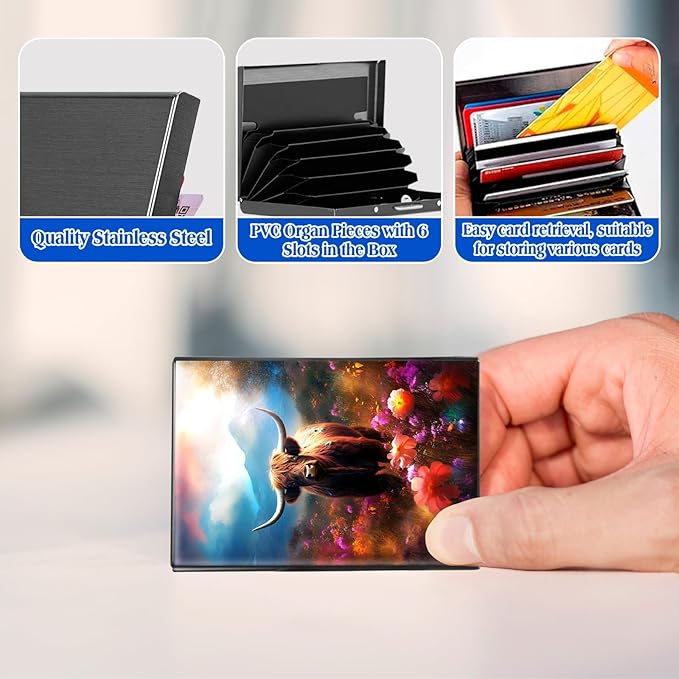 RFID Blocking Credit Card Holder - Slim Metal Wallet for Women & Men,Cow in Colorful Flower Design Stainless Steel Business Card Case,Compact Pocket Organizer for Travel & Daily Use