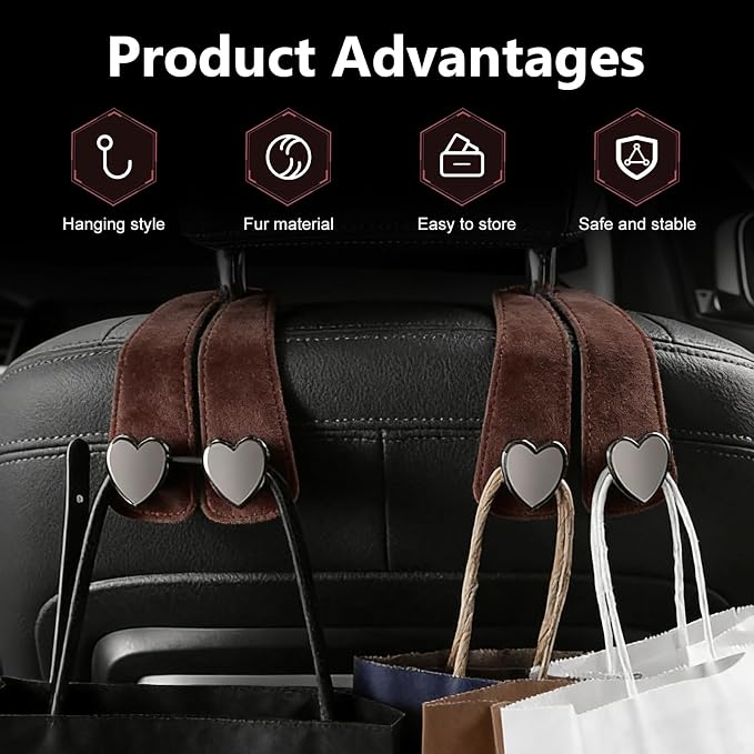 2 PCS Car Seat Backpack Hooks, Alloy High Load-bearing Seat Headrest Double Hooks, 2-in-1 Multifunctional Storage Hangers Phone Holder, Universal for Most Cars (Brown)