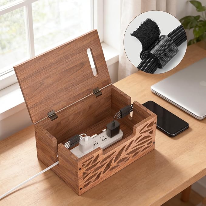 Wooden Cable Management Box, Large Cord Hider Box & Cable Organizer Box for Power Strips, Electrical Cords, Desk & Floor Cables Suitable for Home & Office