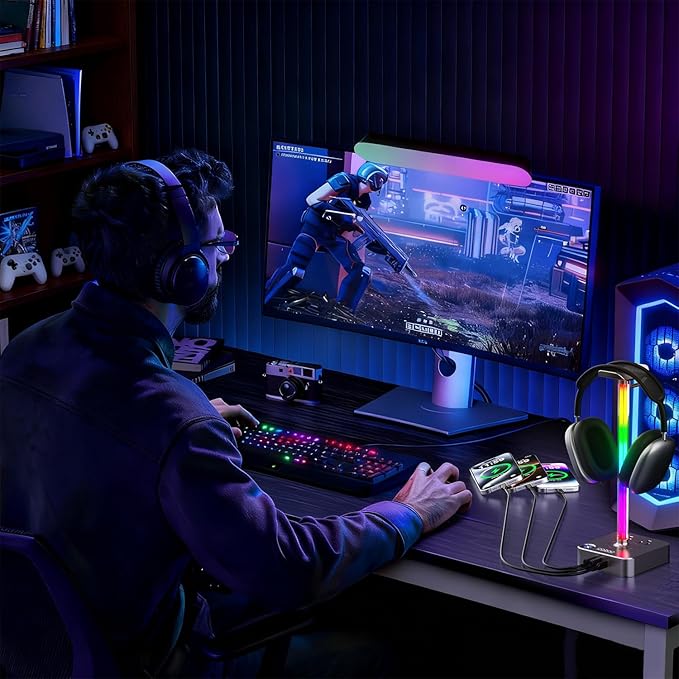 cozoo Gifts for Gamer Men All-in-One RGB Headset Stand & Charging Station | 3 USB Ports, 2 Outlets, Metal Space Gray | Gaming Equipment, Game Room Setup, Christmas Gifts for Him,Teen Boys,Tech Lovers
