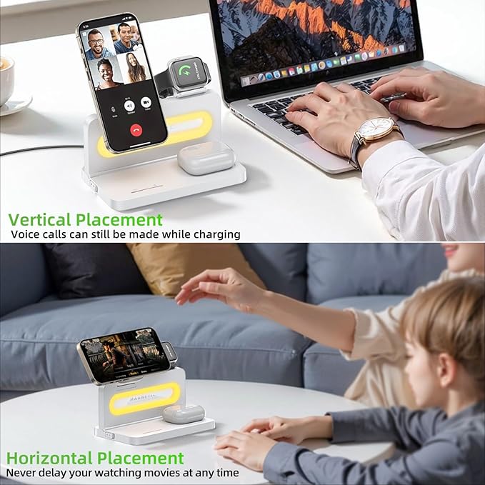 3 in 1 Wireless Charging Station for Apple MagSafe Charger,Magnetic Wireless Charger Stand for iPhone 16 15 14 13 12,Foldable Nightstand Charging Dock for Apple Devices iWatch,AirPods with Night Light
