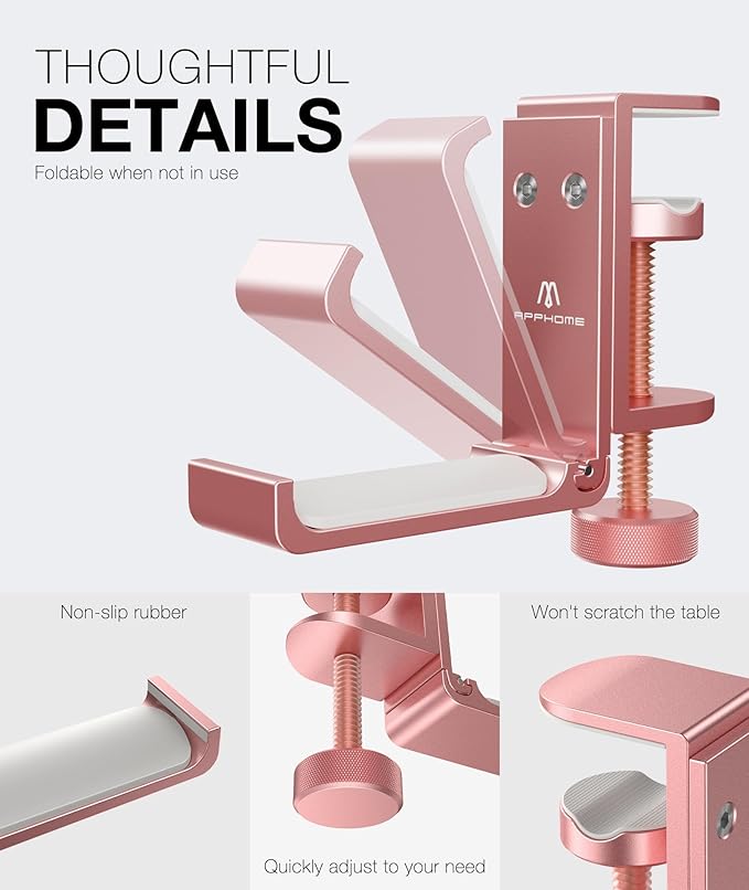 Foldable Headphone Stand and Hook ??Aluminum Headset Holder Clamp Mount Under Desk, Universal Fit for Gaming Headphones, Space-Saving Hanger Organizer