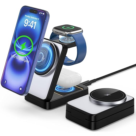 3 in 1 Wireless Charger Station for Multiple Apple Devices, Foldable Magnetic MagSafe Charging Stand, Portable Fast Travel Charger for iPhone 17/16/15/14/13/12/11 Pro Max/Apple Watch Series/Airpods