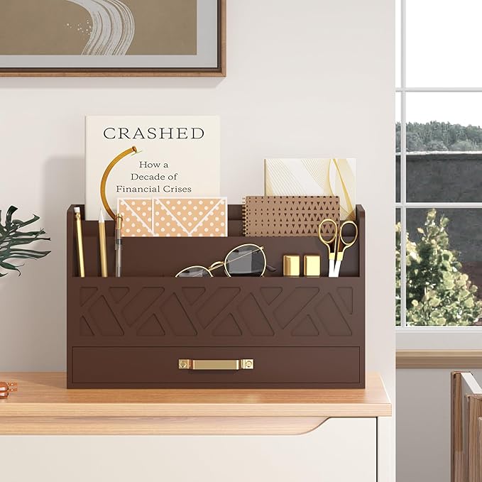 Bamboo Mail Organizer Countertop Wood Desk Organizer Drawer Tabletop Storage Box Letter Sorter Makeup Organizer for School Home Office Supplies Brown