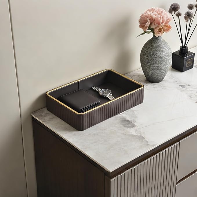 PU Leather Valet Tray,Desk Organizer Tray Nightstand Organizer Trinket Dish Storage Key Bowl Decorative Trays for Phone Wallet Jewelry Watch,Bathroom Bedroom Perfume Vanity Trays,Grey