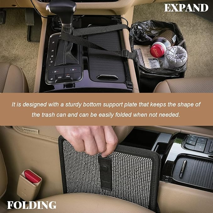 Car Trash Can, Bling Rhinestone Crystal Waterproof Hanging Garbage Bag for Car Interior, Oxford Leakproof Foldable Waste Organizer Trash Bin Universal for Most Vehicles (White)