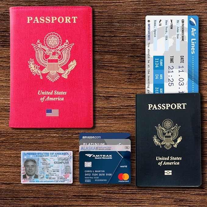 Leather Passport and Credit Card Holder RFID Blocking Bifold Travel Wallet … (USA_PINK)