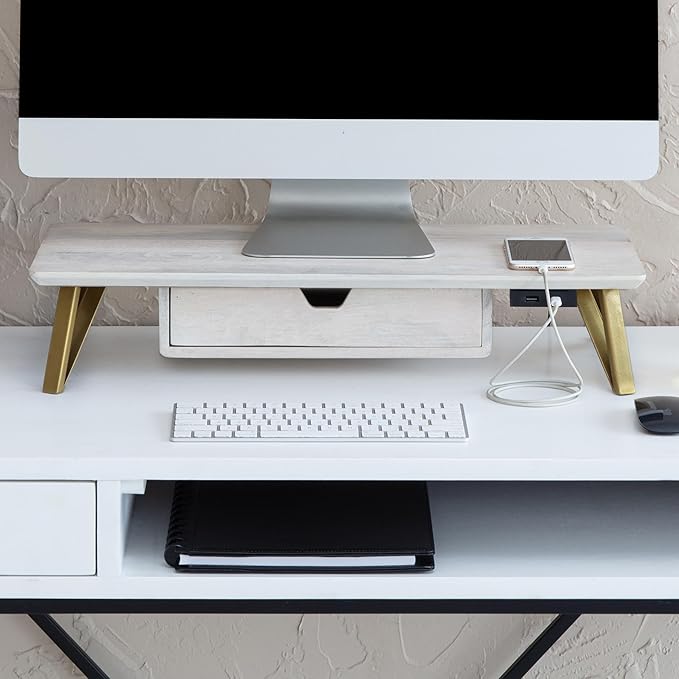 Anji Mountain Monitor Stand - Desktop Organizer & Laptop Riser, Ergonomic Monitor Riser, Space-Saving Monitor Stand for Desk, Durable Construction, Easy Assembly, Ideal for Home & Office,White Wash