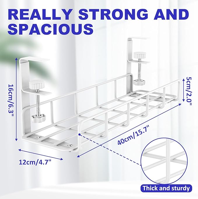 15.7” Under Desk Cable Management Tray, No Drill Heavy Duty Steel Standing Desk Cable Management, Wire Management Tray Cable Rack with Clamp Mount, Adjustable Metal Under Desk Tray (White, 1 Pack)