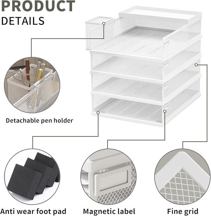 FANXIYQ Stackable Letter Trays, 4 Tier Metal Paper Tray & Desk Organizer, Stackable File Trays for Office & Home, Multi-Functional Document Tray with Fine Grid Design & Magnetic Labels,White