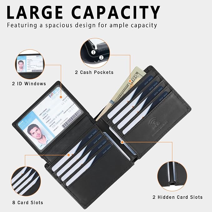 Travelambo Genuine Leather Wallet for Men with Gift Box - Handmade Bifold Stylish - Mens Wallets Rfid Blocking with 2 ID Windows