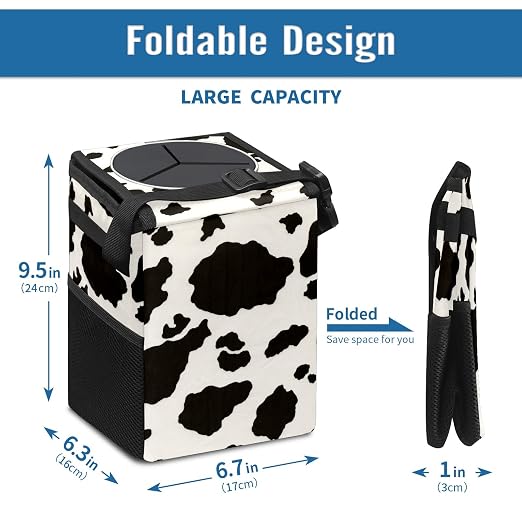 Black White Cow Print Car Trash Can with Lid Collapsible Reusable Waterproof Car Garage Bag,Automotive Garbage Can,Car Accessories Interior Car Organizer