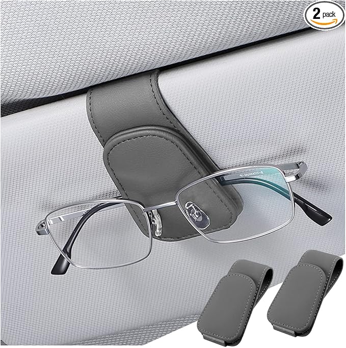 zipelo Sunglasses Holder for Car Sun Visor, 2 PCS Magnetic Leather Eyeglass Hanger, Sun Glasses Mount Clip on Visors, Ticket Card Cash Organizer, Auto Interior Accessories (Gray)
