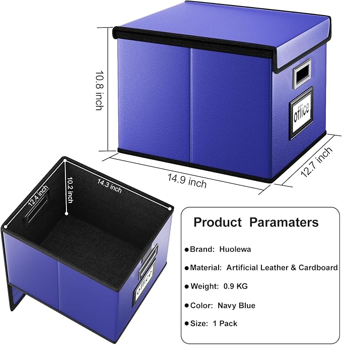 File Organizer Box with Lid, Collapsible Leather File Folder Organizer for Office Document Storage, Filing Box with Plastic Slide for Letter/Legal Size Hanging Files,Navy Blue