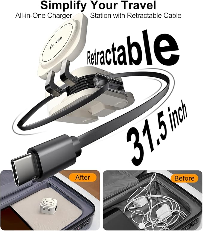 ULiXWH Retractable 3 in 1 Charging Station for Apple [Built in Cable] 22.5W Fast for Magsafe Wireless Charger, Travel Essentials, Magnetic Foldable Stand for iPhone 17 Air Pro Max 16 15 iWatch Airpods
