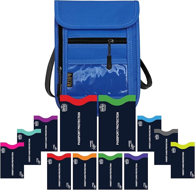 Travel Neck Wallet & RFID Blocking Sleeves for Men and Women, Neck Money Pouch Anti Theft Travel Document Organizer with Adjustable Strap - Blue