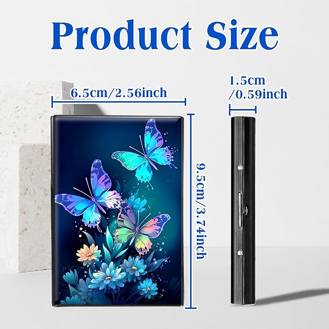 RFID Blocking Credit Card Holder - Slim Metal Wallet for Women & Men,Blue Butterflies Flowers Design Stainless Steel Business Card Case,Compact Pocket Organizer for Travel & Daily Use