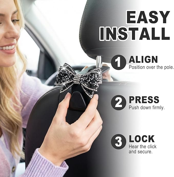2PCS S-Type Bling Car Seat Headrest Hooks, Crystal Rhinestone Bow Seat Hooks for Purses and Bags, Rhinestone Car Accessories for SUV, Truck, Sedan (Black)