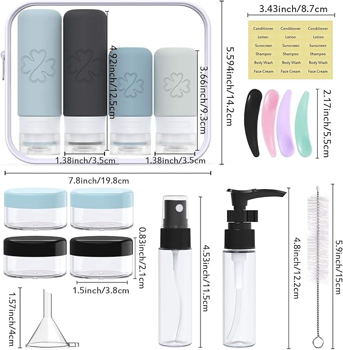 18 Pack TSA Approved Travel Bottles for Toiletries – Leak Proof Silicone Refillable Containers Set with Toiletry Bag, Squeeze Bottles, Spray Bottles & Cream Jars for Shampoo, Conditioner & Lotion
