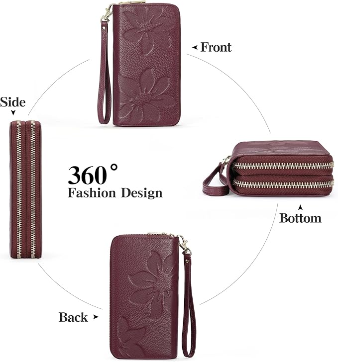 GOIACII Women's Wallet Large Capacity Double Zip Ladies Card Phone Holder RFID Blocking Wristlet Leather