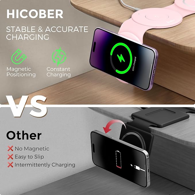 Hicober 3 in 1 Wireless Charging Station for Apple Watch and iPhone Air 17 16 15 14 13 12 Pro Max/Plus, Magnetic Foldable Wireless Travel Charger Station Stand for Airpods iWatch All Series Pink