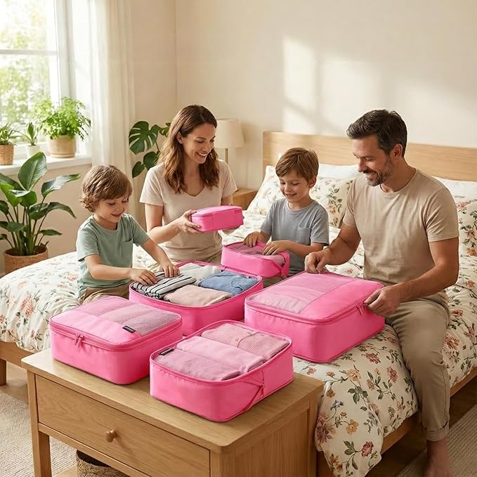 4 Piece Compression Packing Cubes for 3–7 Day Travel, Space Saving Travel Organizers with Breathable Mesh, Double-Zipper Packing Cubes for Carry-On & Suitcases (Pink)