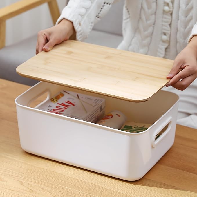Citylife 4 PCS Storage Bins with Bamboo Lids Plastic Storage Containers for Organizing Stackable Storage Box with Handle, 15 x 10.6 x 5.8 inch