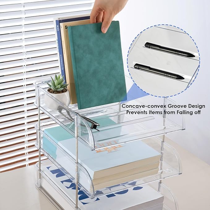Desk Organizers and Storage, 3 Tier Clear Heightened Stackable Paper Tray Organizer for Document, Letter, A4 File Paper, Desk Accessories, Office Supplies (Clear, 3 Pack)
