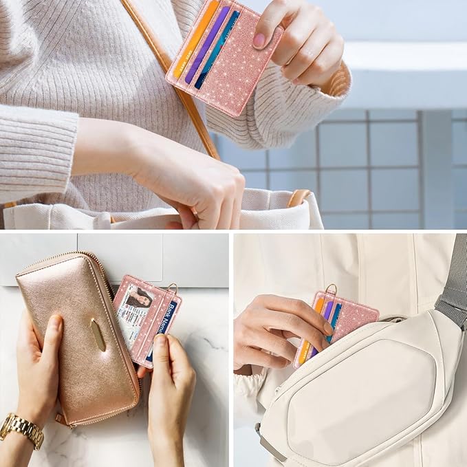 Slim Minimalist Front Pocket RFID Blocking Credit Card Holder Small Wallet Cute Card Cases for Women,Glitter Rose Gold