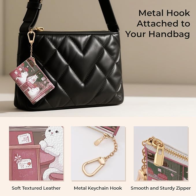 Cute Japanese Cats Keychain Coin Purse for Women, Small PU Leather Change Pouch, Zipper Little Tiny Travel Wallet for Girls, Cute Kawaii Zip Pocket Coin Holder with Key Ring