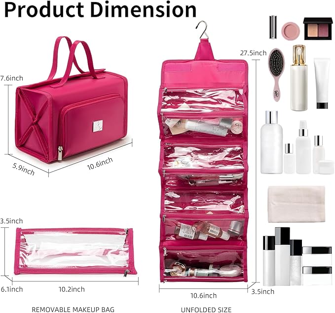 ROYALFAIR Roll Up Makeup Bag, Waterproof Toiletry Bag for Women, Hanging Travel Organizer bags with Jewelry Organizer Compartment, Extra Large 4 Clear TSA Approved Pouches Cosmetic Makeup (pink)