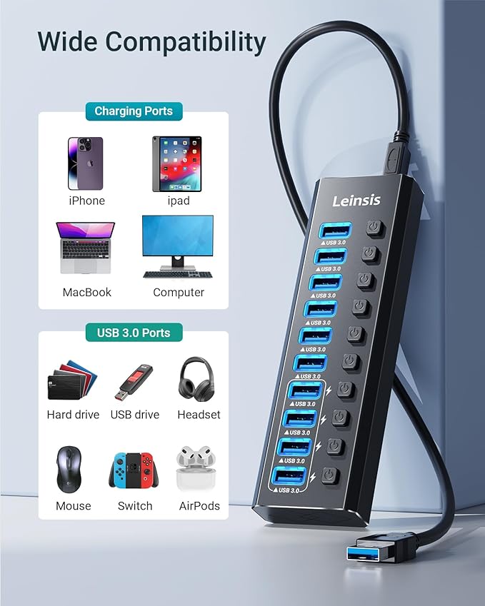 Powered USB Hub 3.0, Leinsis 10-Port USB 3.0 Hub [Durable Aluminum] 10 Data Transfer Ports+ 4 Smart Charging Ports with Individual On/Off Switches, USB Hub 3.0 Powered with Power Adapter for Laptop PC