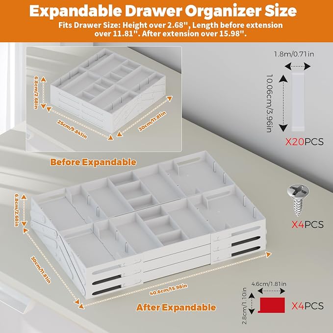 3 Tier Drawer Organizer - Expandable Junk Drawer Organizer Smart Office Supply Organizer, Folding Kitchen Tool Storage Multi Level Desk Organizer for Makeup, Jewelry Storage(2 Row 3 Tier, White)