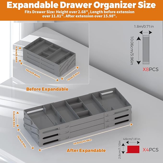 3 Tier Drawer Organizer - Expandable Junk Drawer Organizers Smart Office Supply Organizer, Folding Drawer Storage Multi-level Desk Organizer for Makeup,Jewelry,Cosmetics,Kitchen Storage (1 Row 3 Tier)