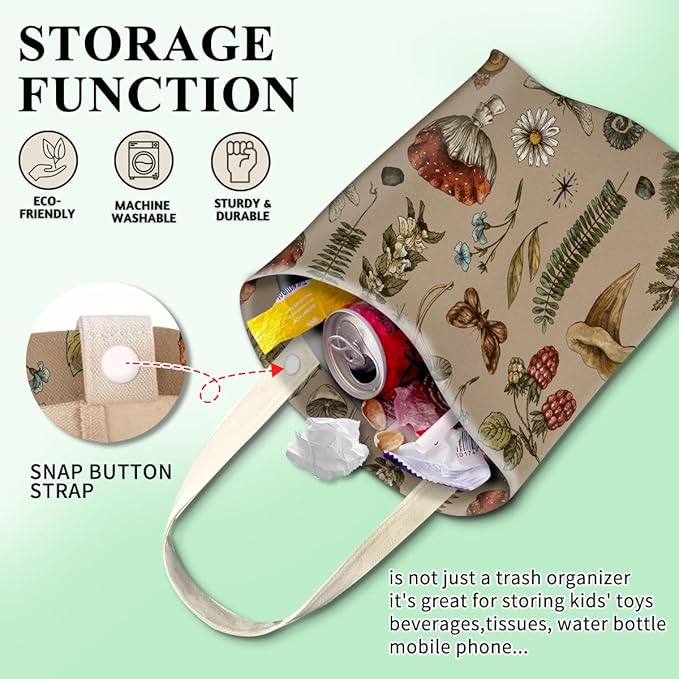 Car Trash Can, Cute Car Trash Bag, Hanging Car Organizer and Storage Bag, Trash Bin for Car Accessories, Vehicle, Travelling, Camping Cute Boho Mushroom