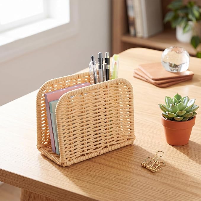Rattan Mail Organizer for Desk Mail Holder Countertop Rattan Letter Sorter File Holder Envelope Book Stand Farmhouse Office Desk Organizer and Storage Accessories