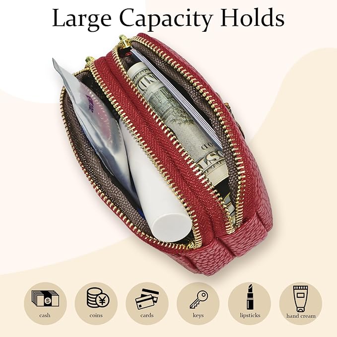WOZEAH Leather Coin Purse for Women Small 2 Zipper Change Wallet with Key Ring Card Key Coin Cash Holder Pouch(Red)