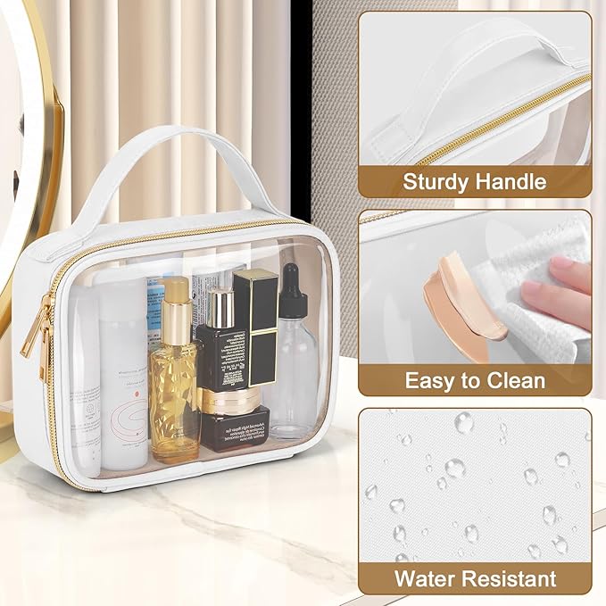 Wedama TSA Approved Toiletry Bag, 3 Pack Clear Makeup Bags with Handles, Quart Size PVC Clear Cosmetic Bags for Women and Men, Carry on Airport Airline Compliant Bag, White
