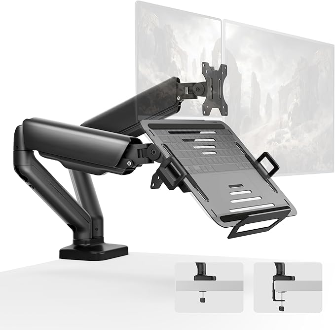 monTEK Laptop Arm Mount for Desk for Max 32” Screen and 18” Notebook, Dual Monitor Stand with Adjustable Laptop Holder, Holds up to 19.8 lbs, Full Motion Arm with Clamp/Grommet Base, 75/100 VESA Mount