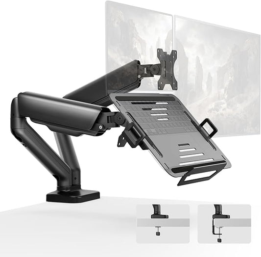 monTEK Laptop Arm Mount for Desk for Max 32” Screen and 18” Notebook, Dual Monitor Stand with Adjustable Laptop Holder, Holds up to 19.8 lbs, Full Motion Arm with Clamp/Grommet Base, 75/100 VESA Mount