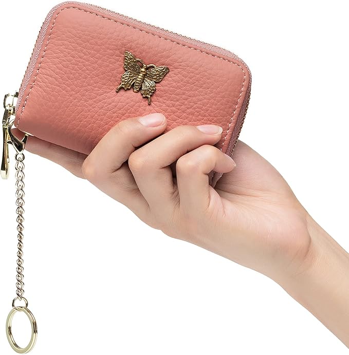 imeetu RFID Credit Card Holder for Women Genuine Leather Card Case Wallet with Zipper and Removable Keychain (Coral Pink)
