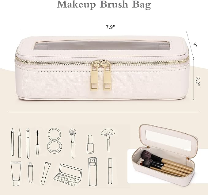Pinkmik Makeup Brush Case Clear Travel Cosmetic & Toiletry Bag Small Makeup Bag with Zipper Purse Organizer Car Essential Bag for Women (Beige, SLIM)