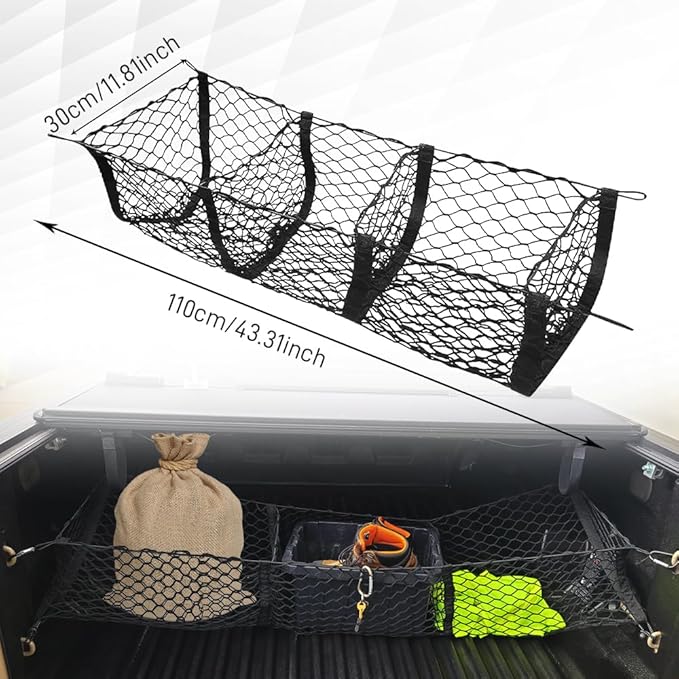 Car Rear Cargo Net, Truck Bed Cargo Net Organizer, Adjustable Elastic Trunk Storage Nets, Heavy Duty Cargo Nets with Metal Hooks, Universal Exterior Accessories for Cars SUVs Trucks (43.31")