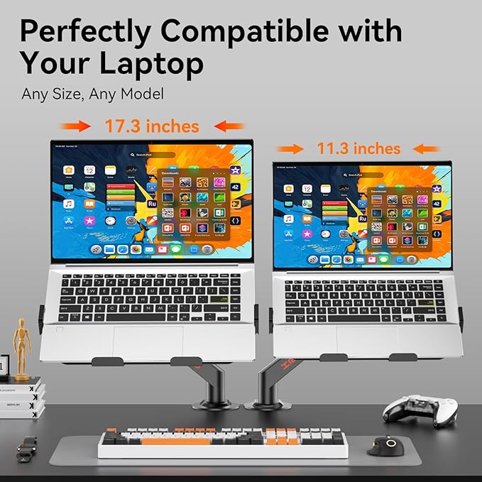 Laptop Mount for Desk (11.3"-17.3"), 360° Rotating Foldable Laptops Arm Mount with Gas Spring, Heavy Duty Aluminum Adjustable Laptop Stand with Clamp/Grommet (Black)
