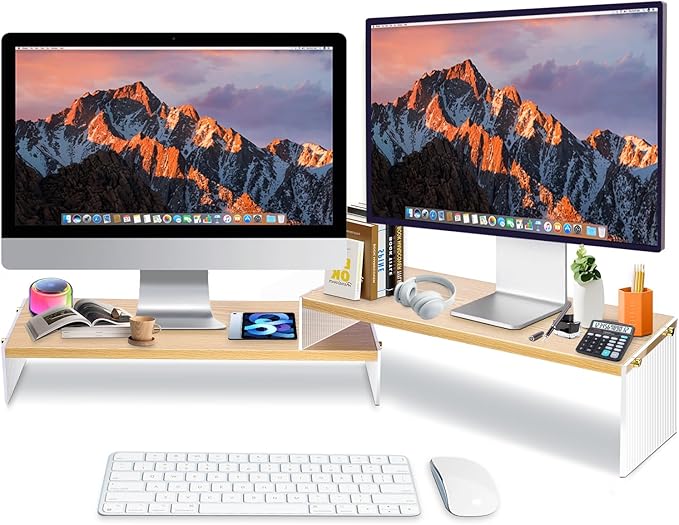 YGYQZ Adjustable Monitor Stand Riser with Acrylic Legs丨19.3" Length Dual Monitor Stand for Desk丨2-Tier Wood Desktop Organizer for Computer, Laptop, Printer & PC丨Modern Aesthetic Desk Shelf(wood-wavy)
